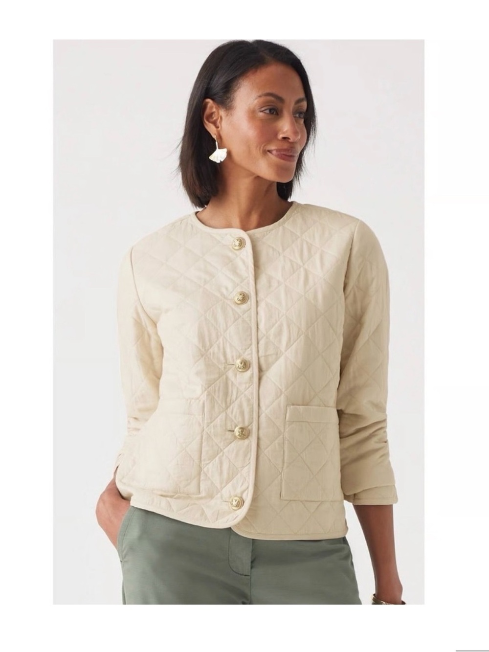 J. Jill Jacket Womens Medium Ivory Quilted Collarless Cotton Gold Buttons